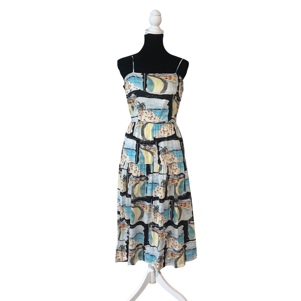 Vintage Postcard Print Cotton Midi Dress Open Back Beach Scene Blue Yellow